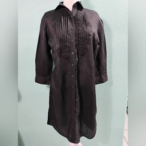 Lauren Ralph Lauren Sz L Black Linen Button Down Dress 3/4 Sleeves "Flaw"